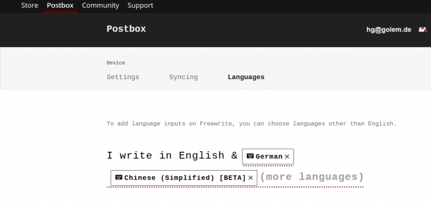 Die Webapp der Freewrite - hier k&ouml;nnen Tastaturlayouts hinzugef&uuml;gt werden. (Screenshot: Golem.de)